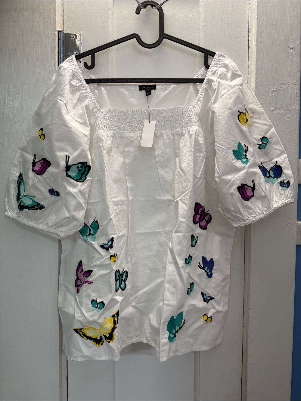 Talbots White Butterfly Embroidered Puff-Sleeve Top